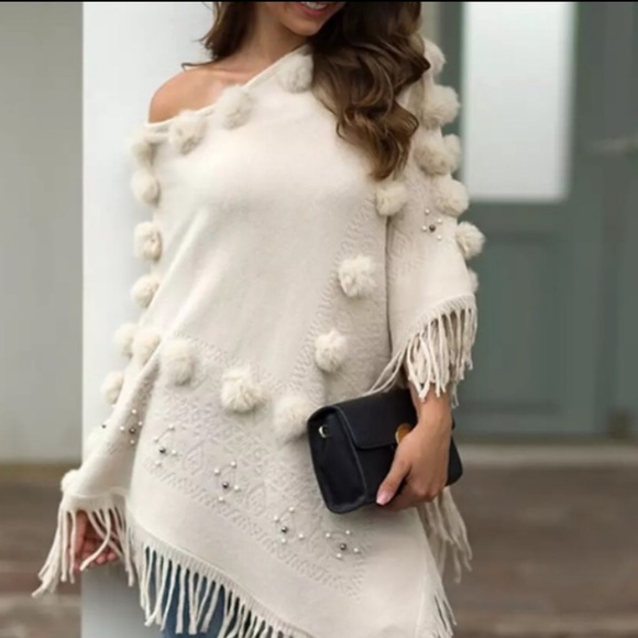 New! Pearl Pom Poncho - Picture 2 of 15